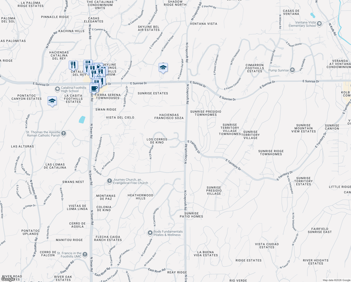 map of restaurants, bars, coffee shops, grocery stores, and more near 5436 East Cll Bosque in Tucson