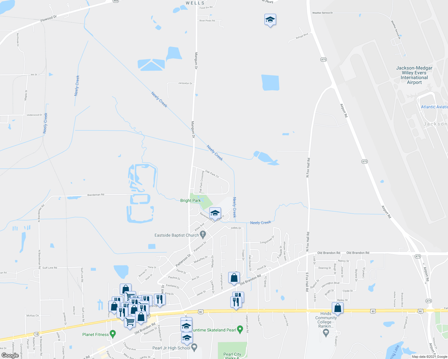 map of restaurants, bars, coffee shops, grocery stores, and more near 582 Oak Park Circle in Pearl