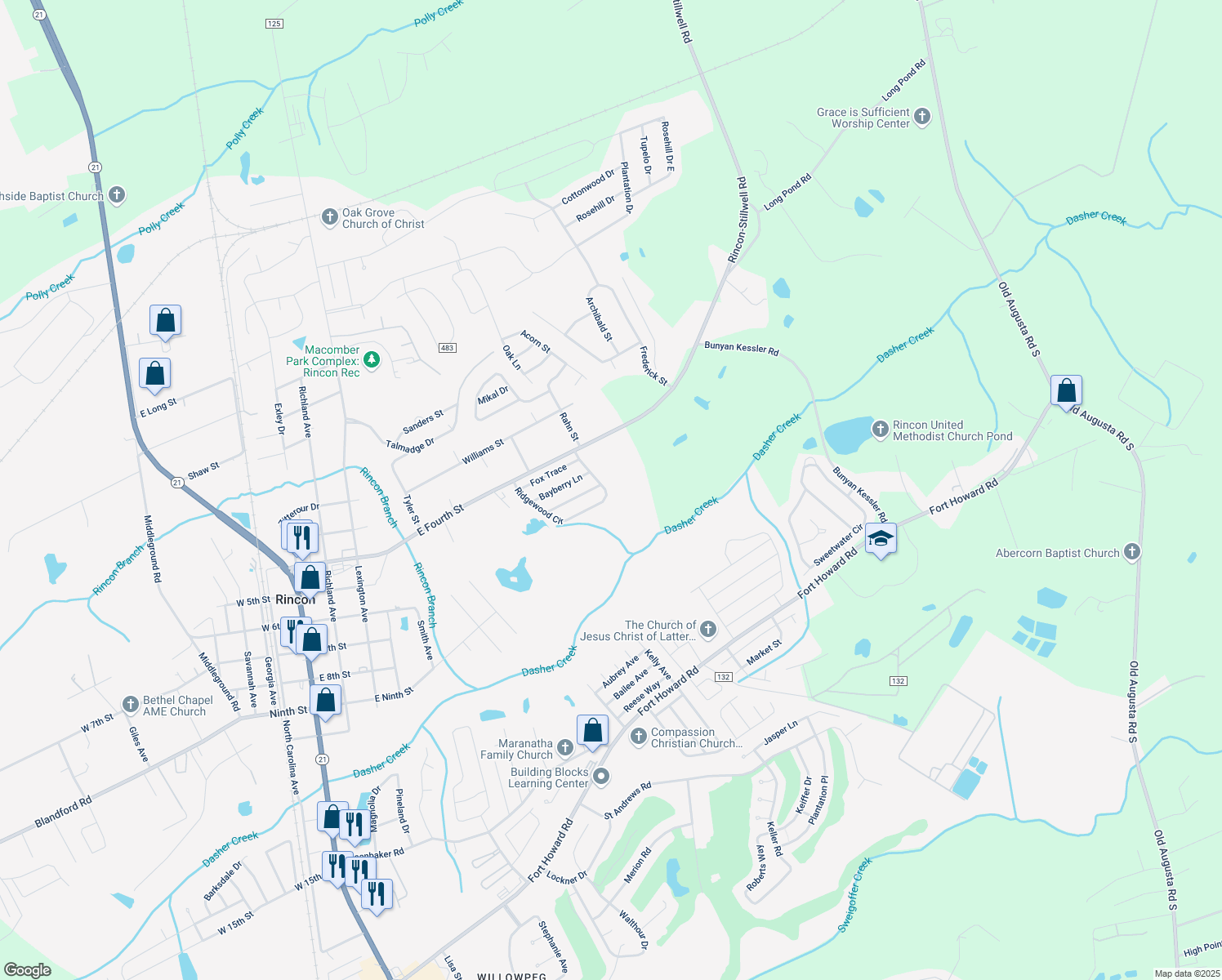 map of restaurants, bars, coffee shops, grocery stores, and more near 140 Ridgewood Circle in Rincon