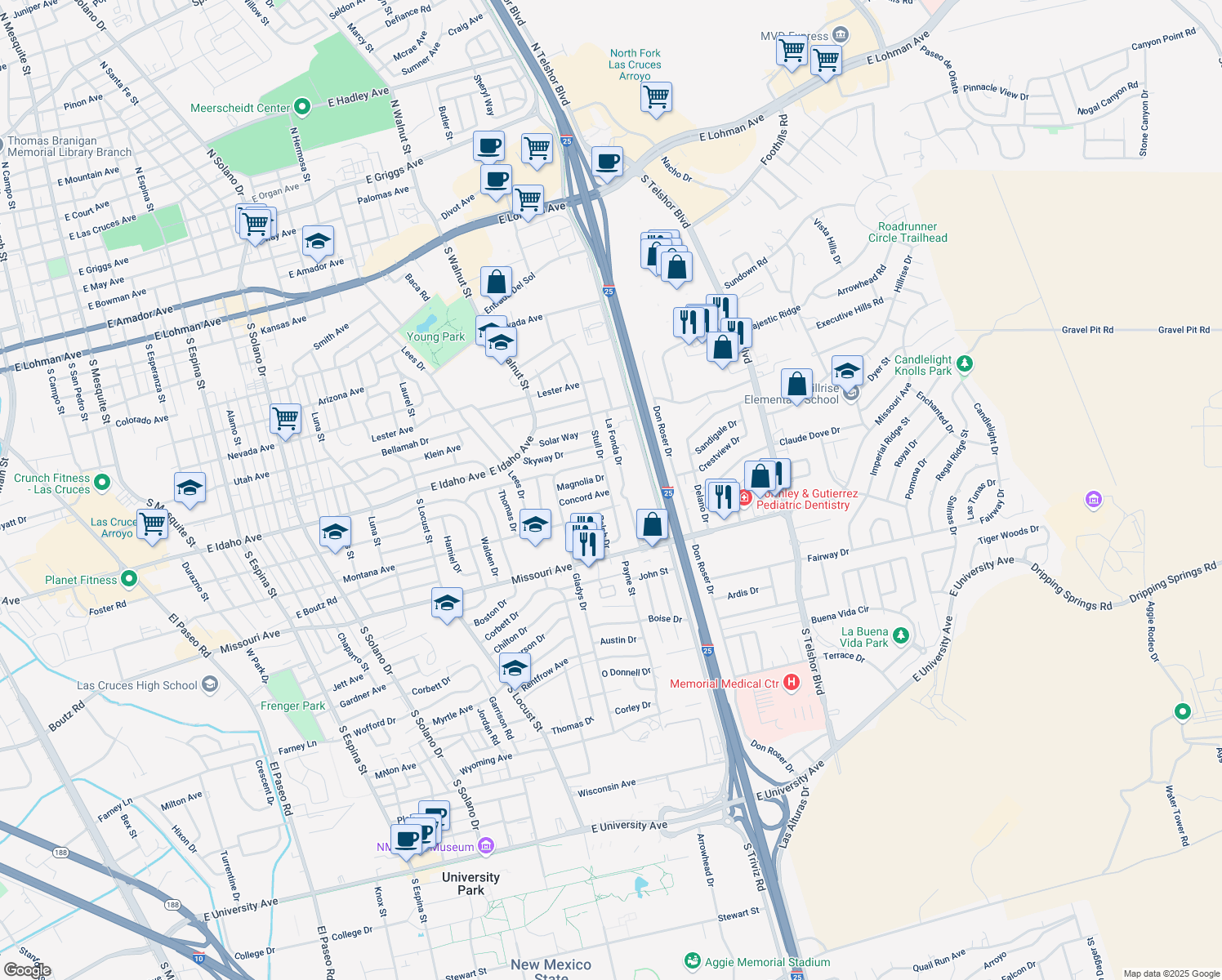 map of restaurants, bars, coffee shops, grocery stores, and more near 1413 Stull Dr in Las Cruces