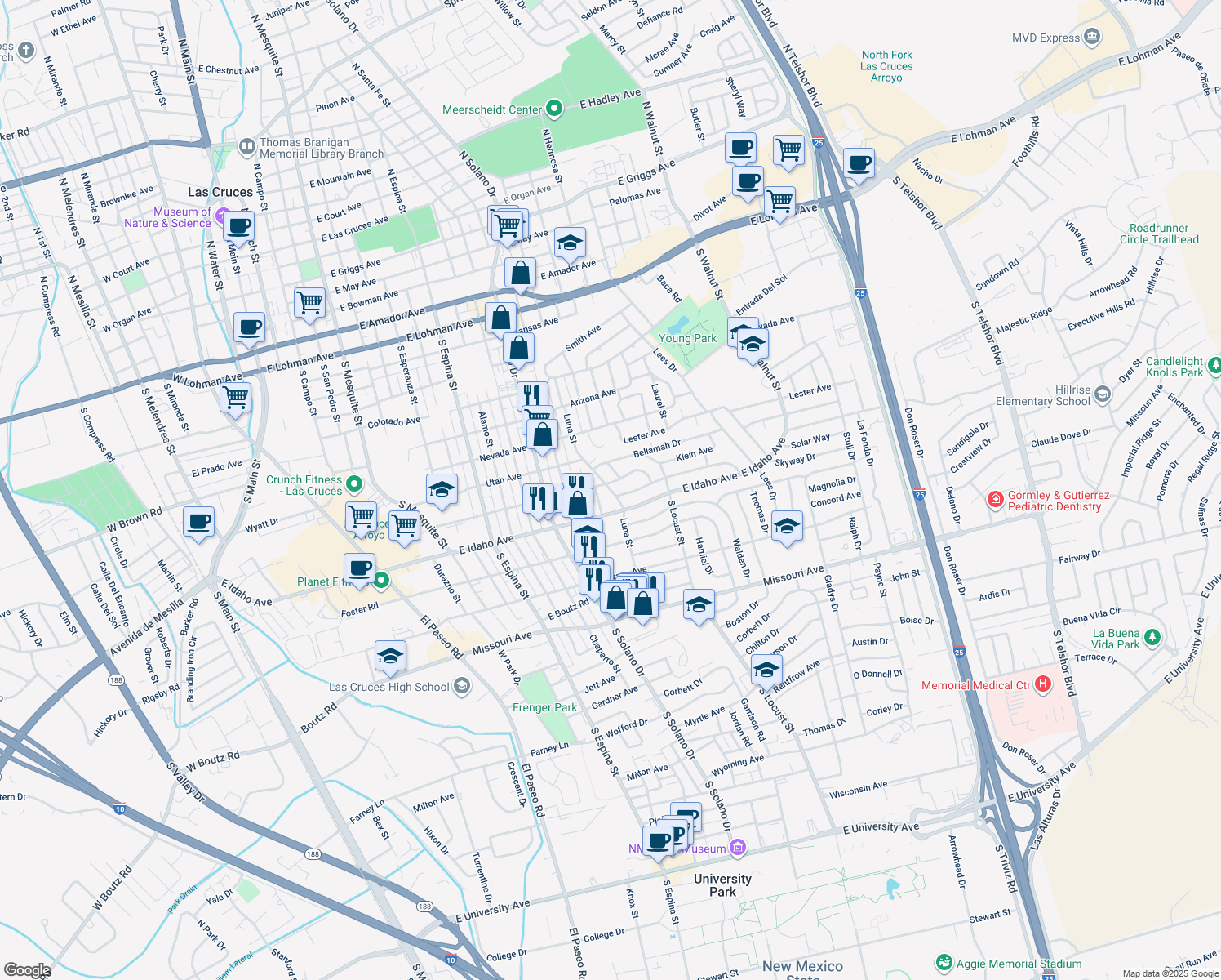 map of restaurants, bars, coffee shops, grocery stores, and more near 1206 Luna Street in Las Cruces