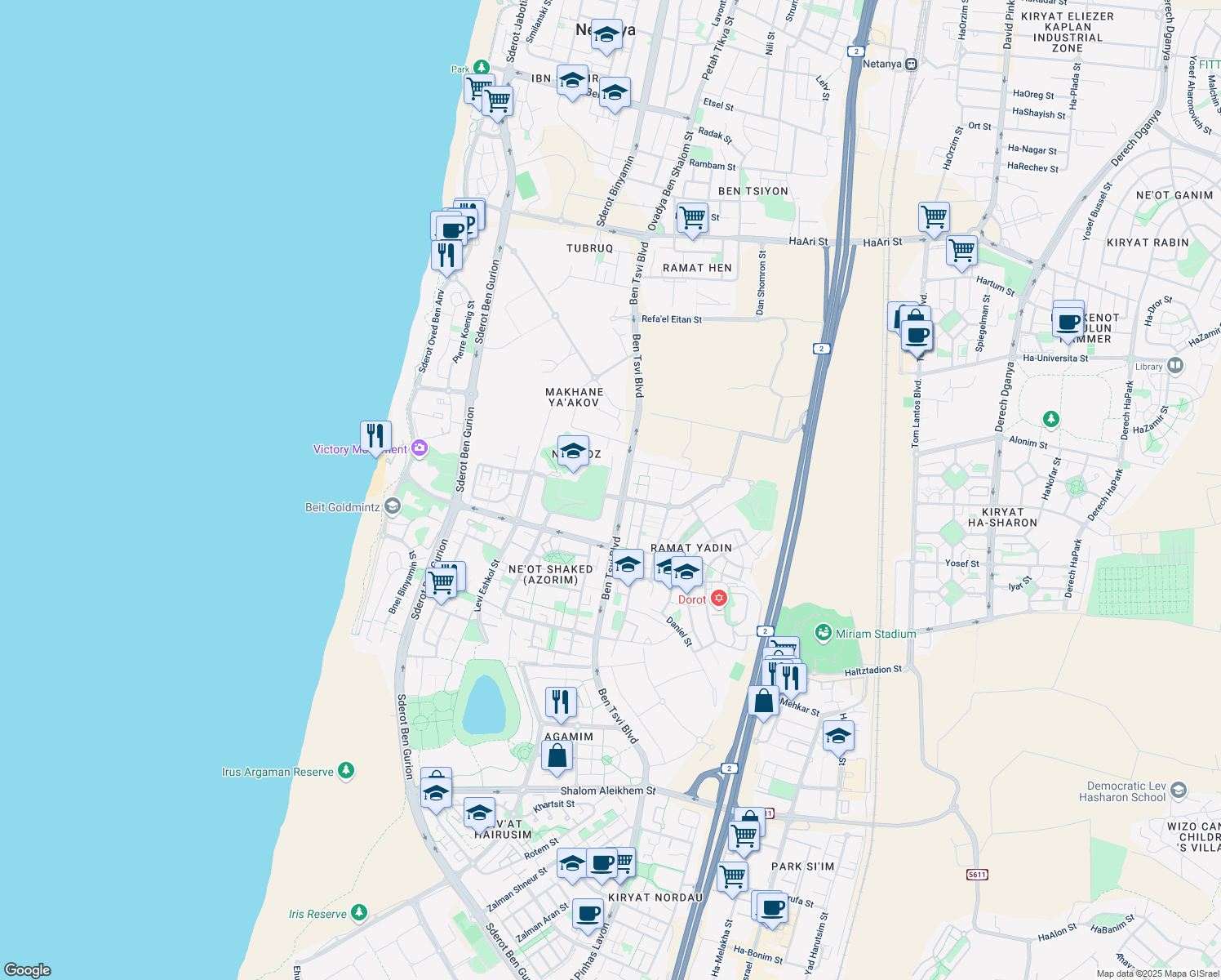 map of restaurants, bars, coffee shops, grocery stores, and more near 44-54 Sderot Ben Tsvi in Netanya
