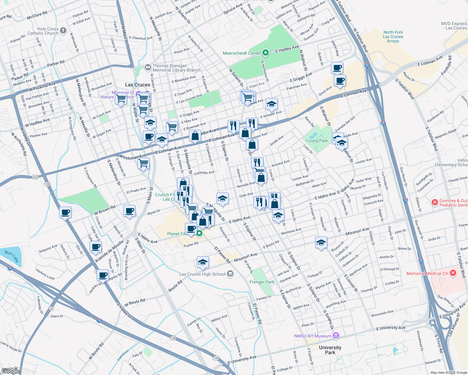 map of restaurants, bars, coffee shops, grocery stores, and more near 999 Nevada Ave in Las Cruces