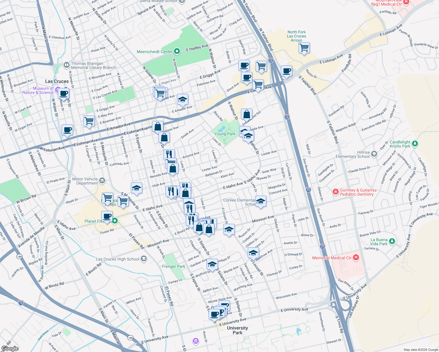 map of restaurants, bars, coffee shops, grocery stores, and more near 1905 Klein Avenue in Las Cruces