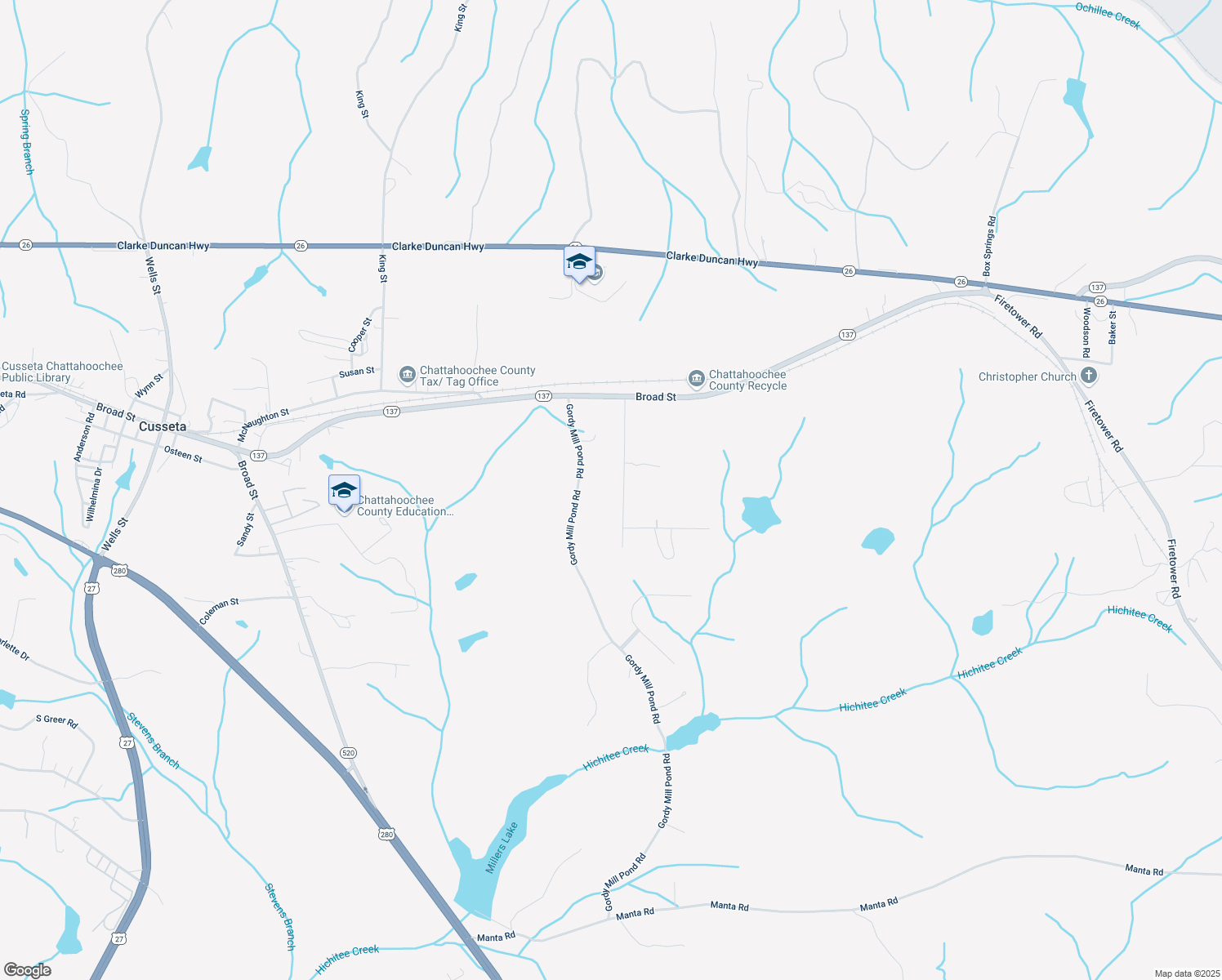 map of restaurants, bars, coffee shops, grocery stores, and more near 128 Miller Road in Cusseta