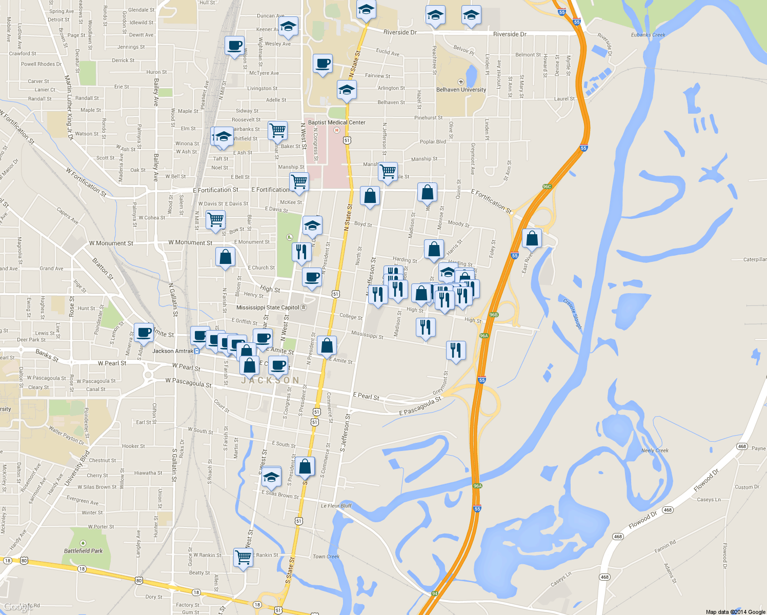 map of restaurants, bars, coffee shops, grocery stores, and more near 929 High Street in Jackson