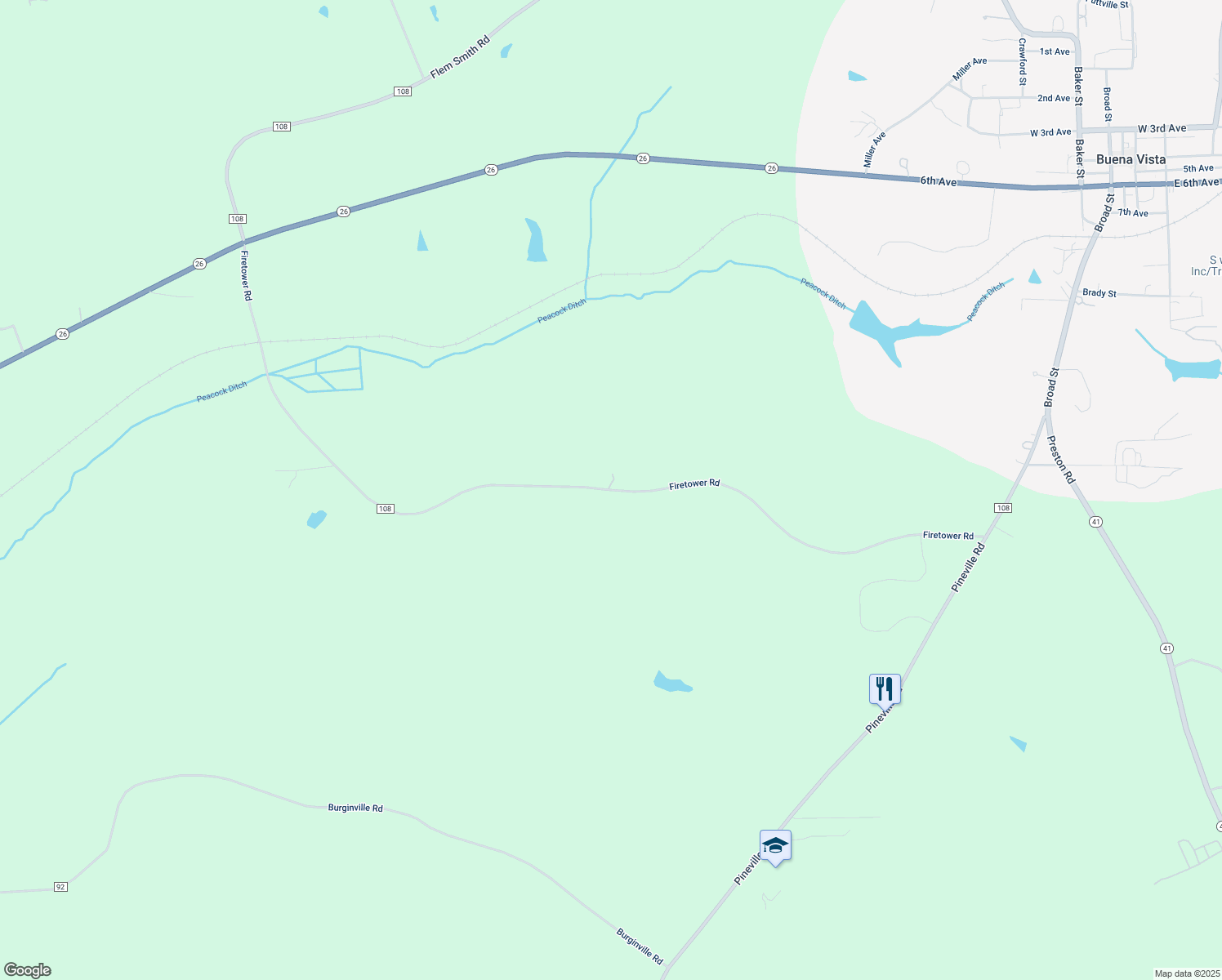 map of restaurants, bars, coffee shops, grocery stores, and more near Fire Tower Road in Buena Vista