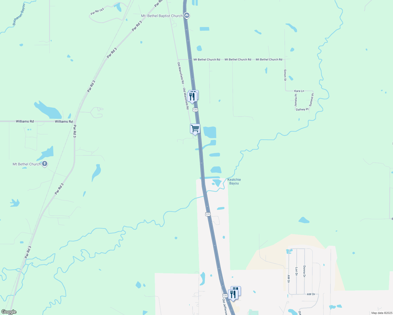 map of restaurants, bars, coffee shops, grocery stores, and more near 12900 Mansfield Road in Keithville