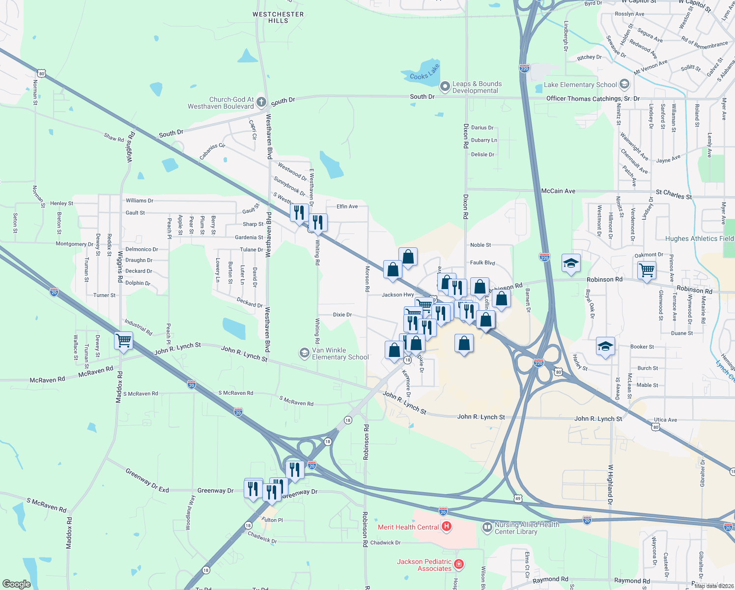 map of restaurants, bars, coffee shops, grocery stores, and more near 1398 Morson Rd in Jackson