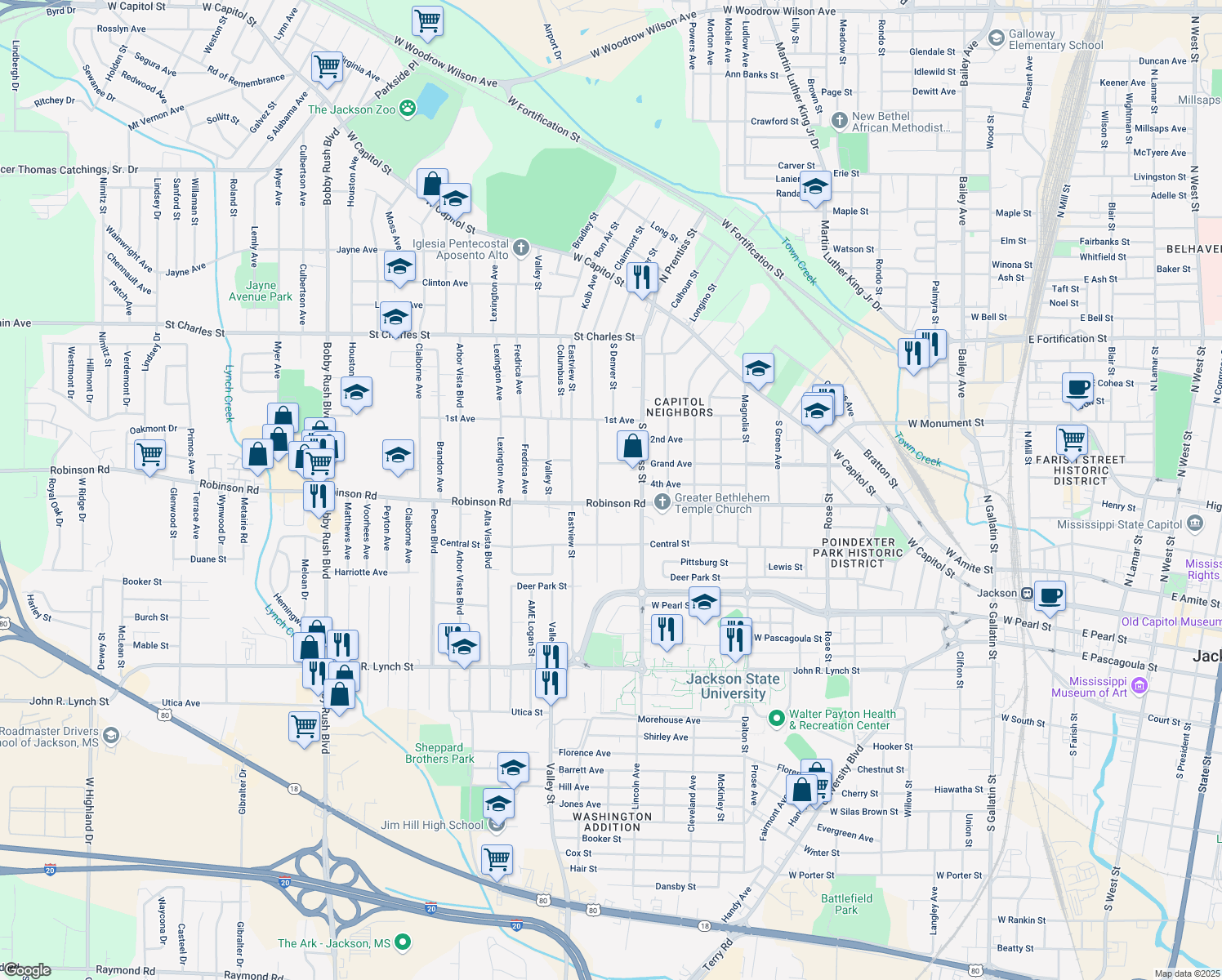 map of restaurants, bars, coffee shops, grocery stores, and more near 634 Buena Vista Avenue in Jackson