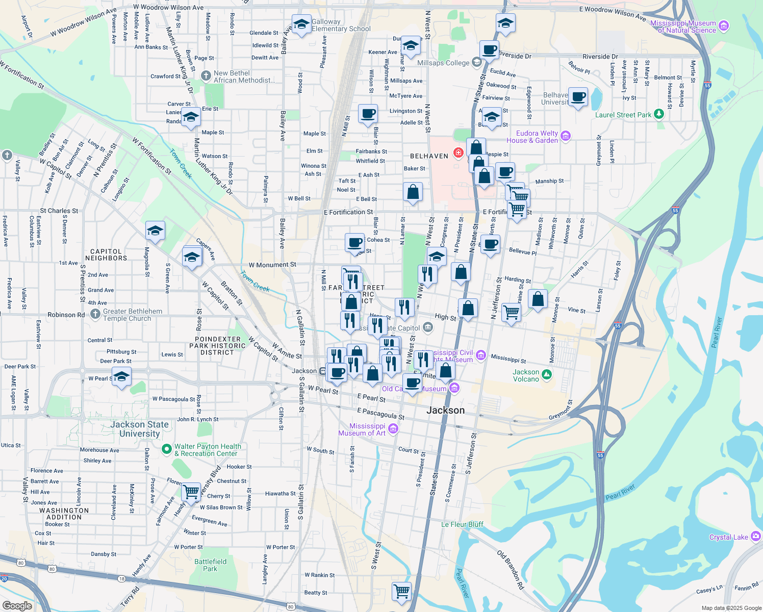 map of restaurants, bars, coffee shops, grocery stores, and more near 598 John Hart Street in Jackson