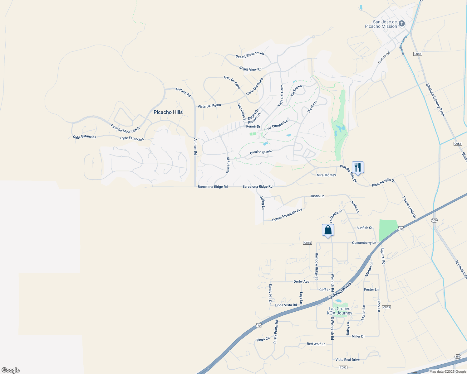 map of restaurants, bars, coffee shops, grocery stores, and more near Barcelona Ridge Rd in Las Cruces