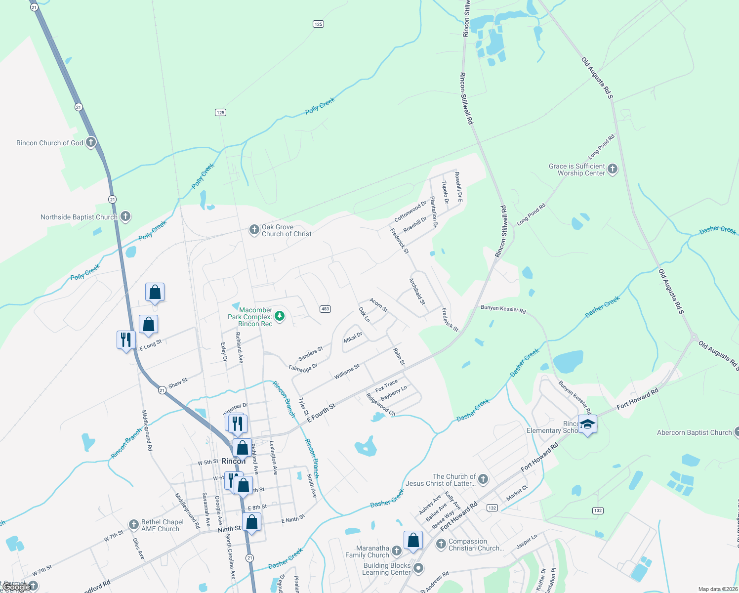 map of restaurants, bars, coffee shops, grocery stores, and more near 105 Acorn Street in Rincon
