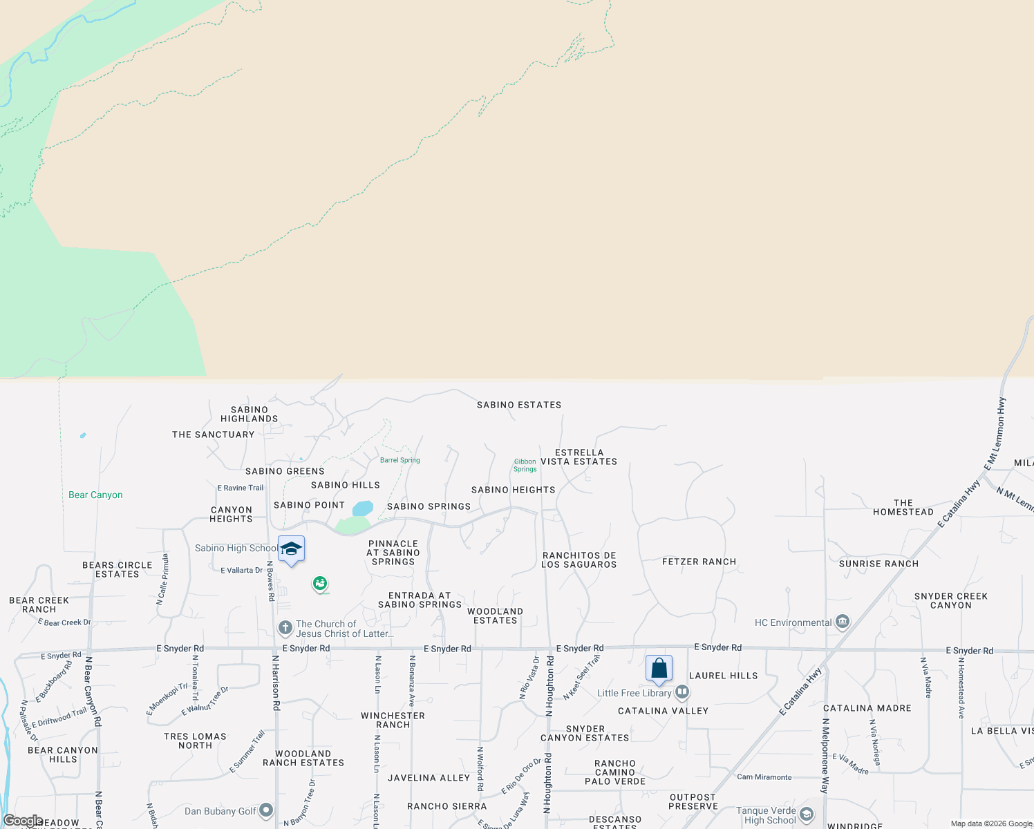 map of restaurants, bars, coffee shops, grocery stores, and more near 10255 East Sabino Estates Drive in Tucson