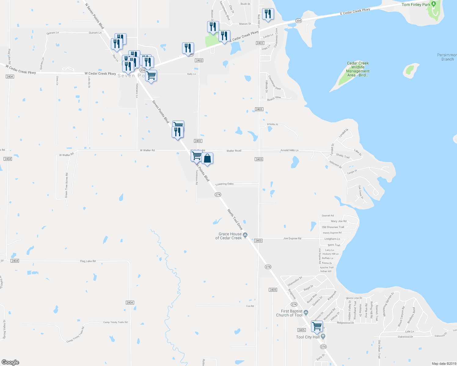 map of restaurants, bars, coffee shops, grocery stores, and more near 129 Towering Oaks in Tool