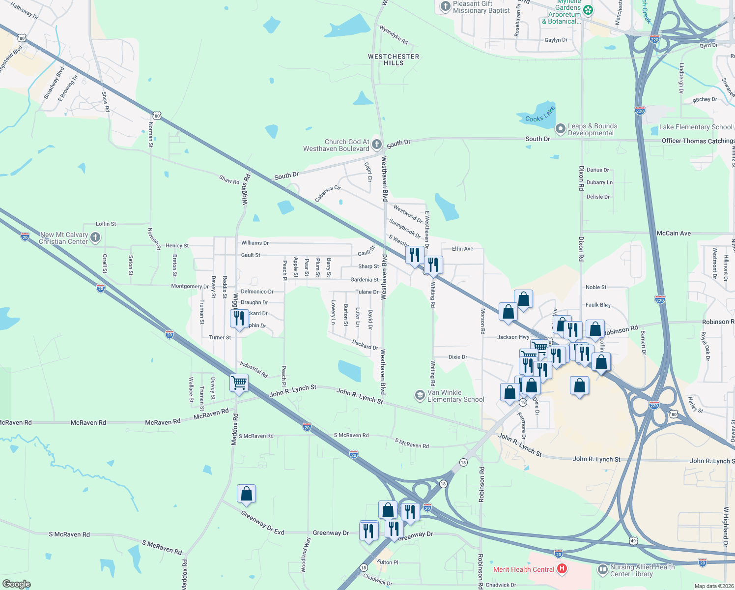 map of restaurants, bars, coffee shops, grocery stores, and more near 5021 Tulane Dr in Jackson