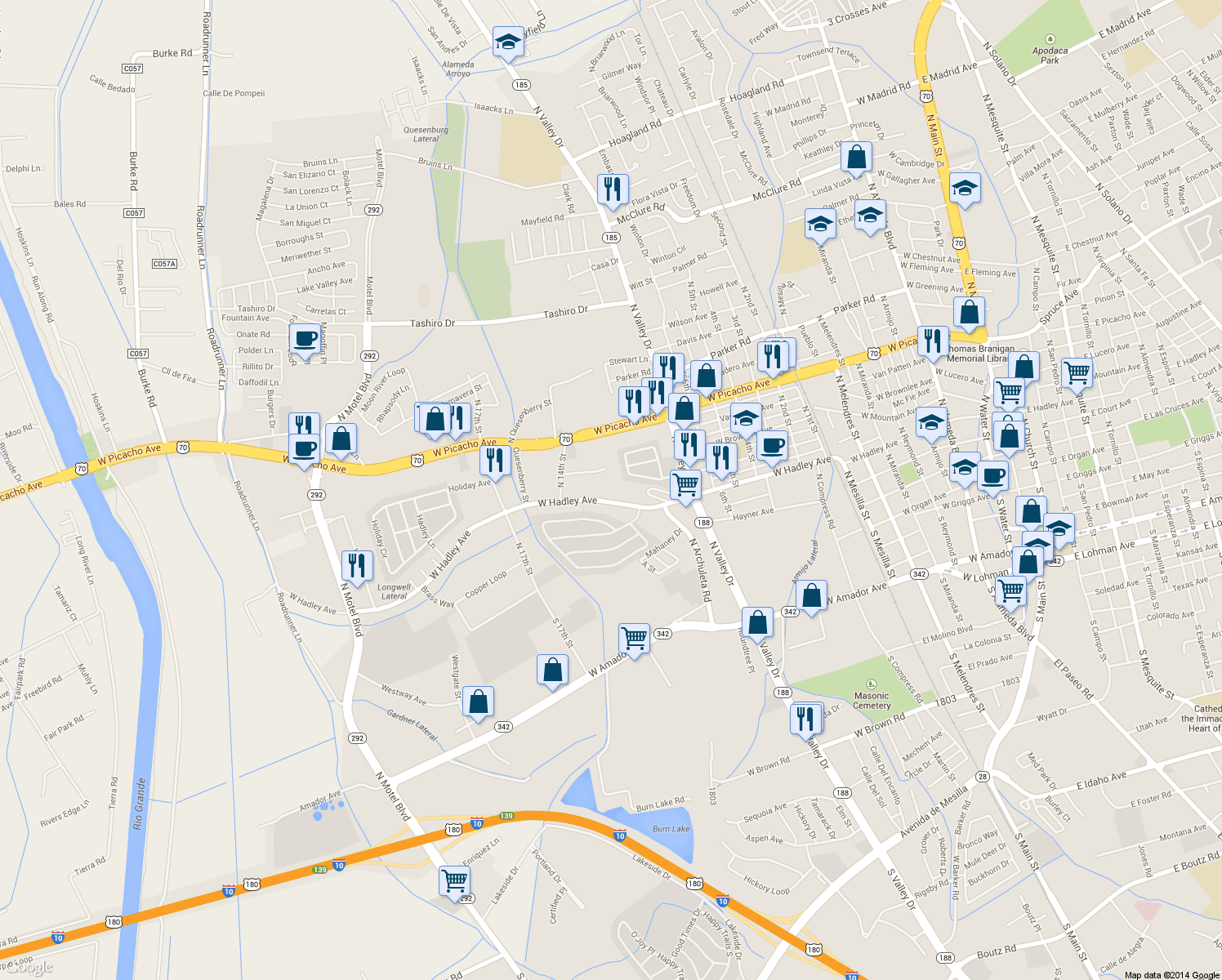 map of restaurants, bars, coffee shops, grocery stores, and more near 1720 W Hadley Ave in Las Cruces