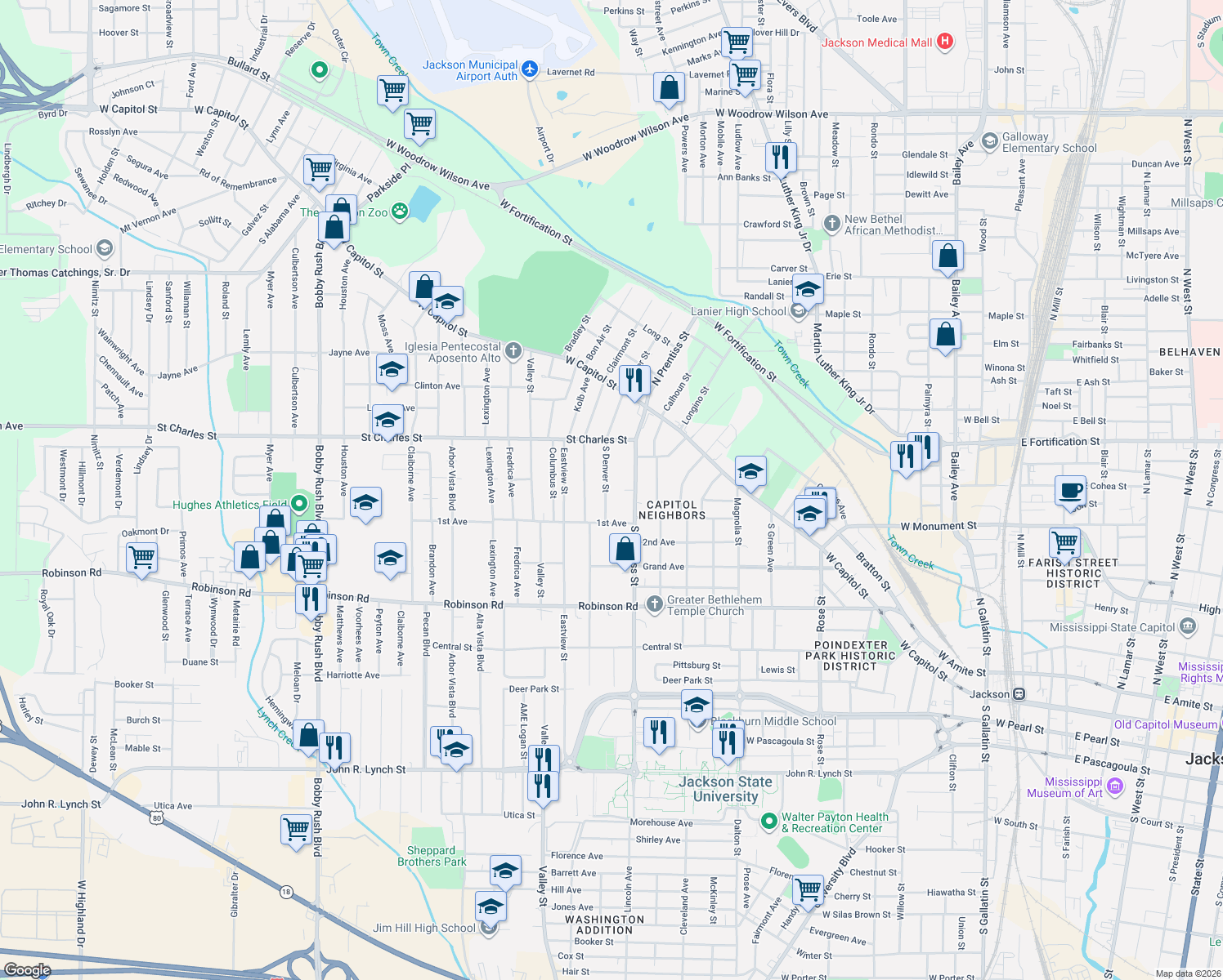 map of restaurants, bars, coffee shops, grocery stores, and more near 315 S Denver St in Jackson