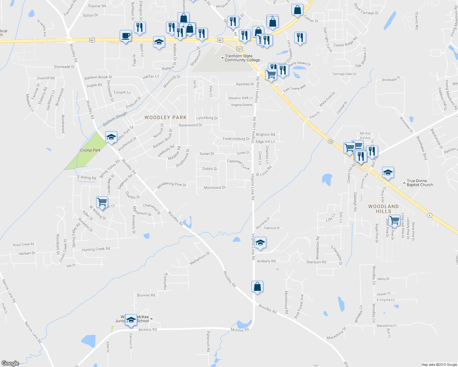 map of restaurants, bars, coffee shops, grocery stores, and more near 3124 Montwood Drive in Montgomery