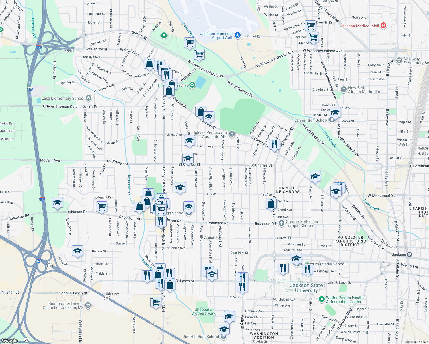map of restaurants, bars, coffee shops, grocery stores, and more near 316 Arbor Vista Boulevard in Jackson