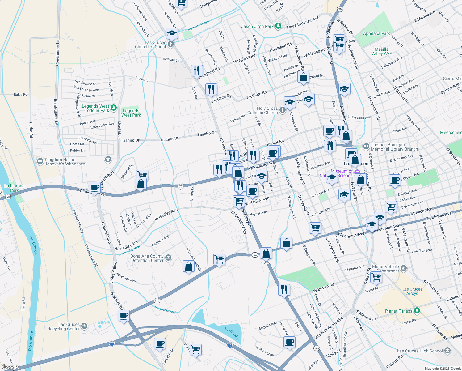 map of restaurants, bars, coffee shops, grocery stores, and more near 755 North Valley Drive in Las Cruces