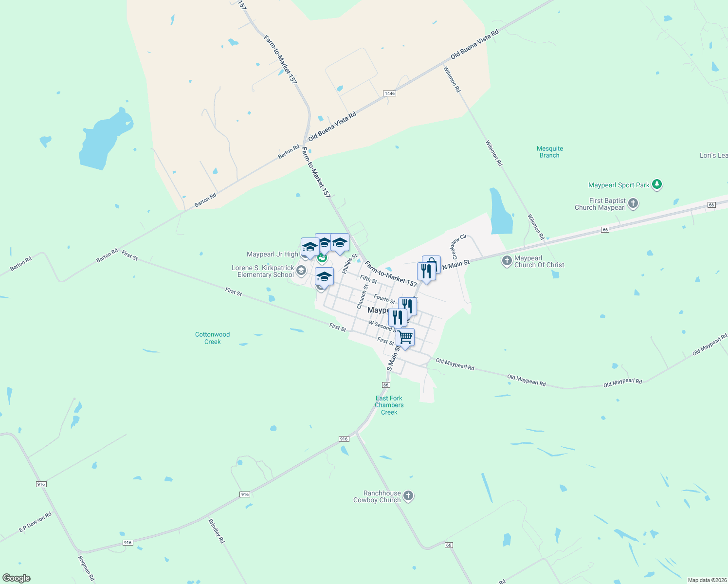 map of restaurants, bars, coffee shops, grocery stores, and more near 500 Claunch Street in Maypearl