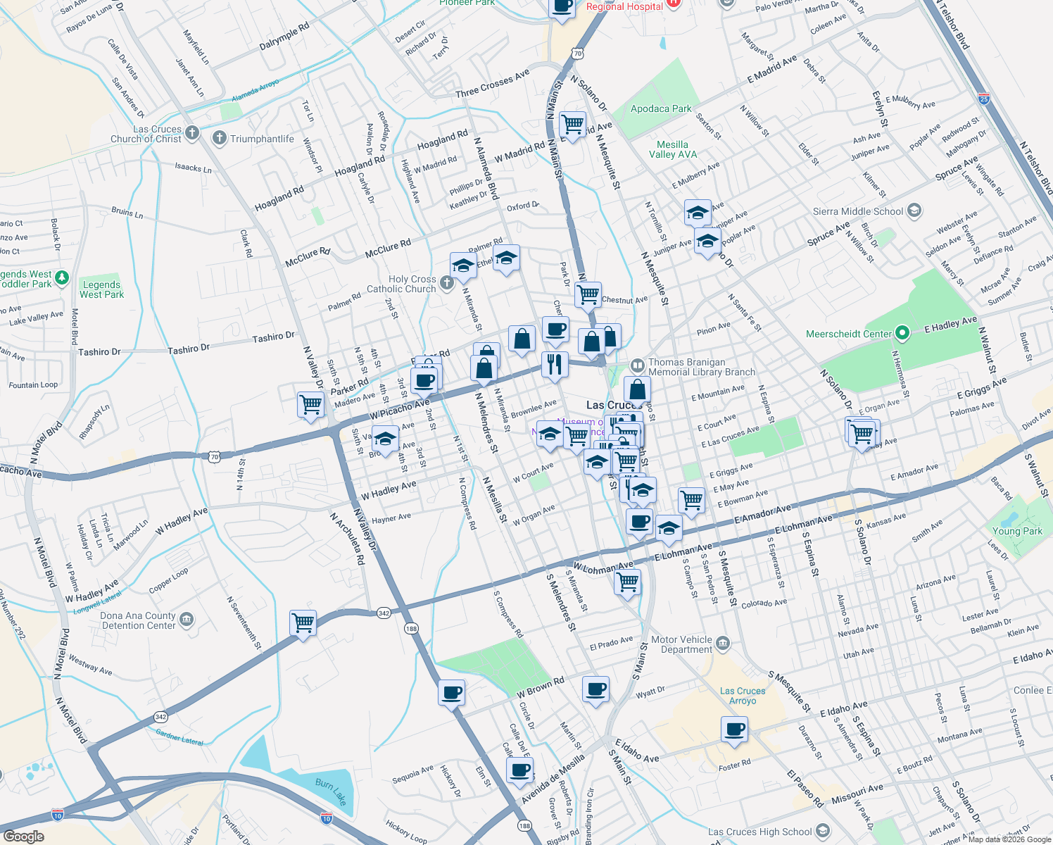 map of restaurants, bars, coffee shops, grocery stores, and more near 618 N Reymond St in Las Cruces