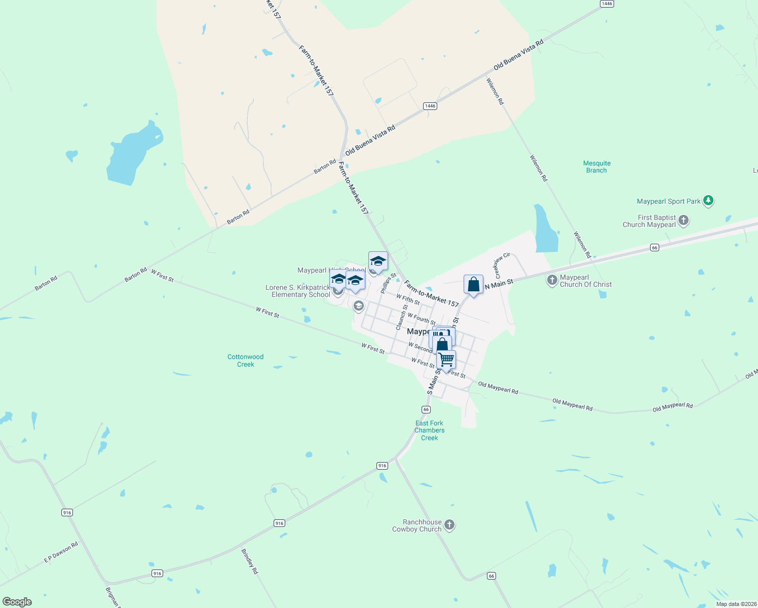 map of restaurants, bars, coffee shops, grocery stores, and more near 1025 4th Street in Maypearl
