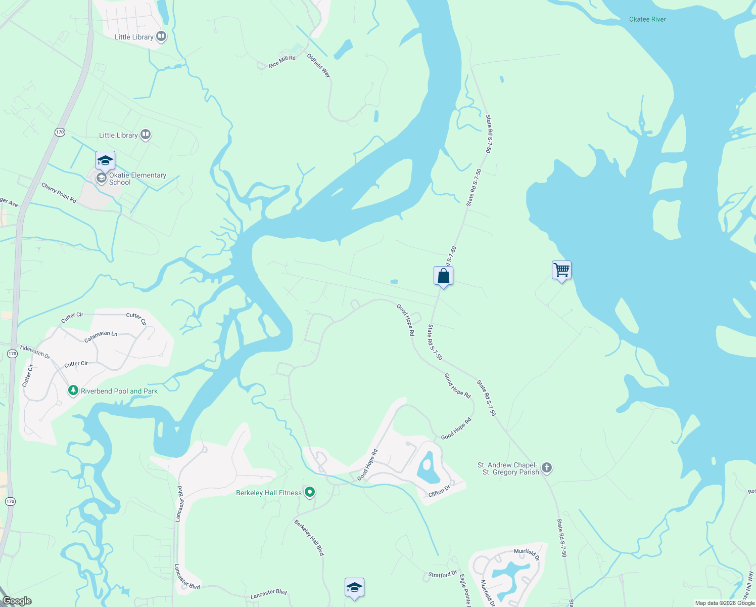 map of restaurants, bars, coffee shops, grocery stores, and more near 200 Good Hope Rd in Bluffton