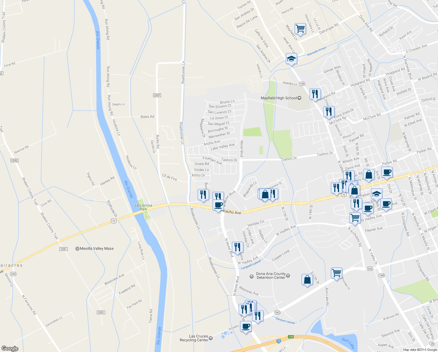 map of restaurants, bars, coffee shops, grocery stores, and more near 1367 Fountain Loop in Las Cruces