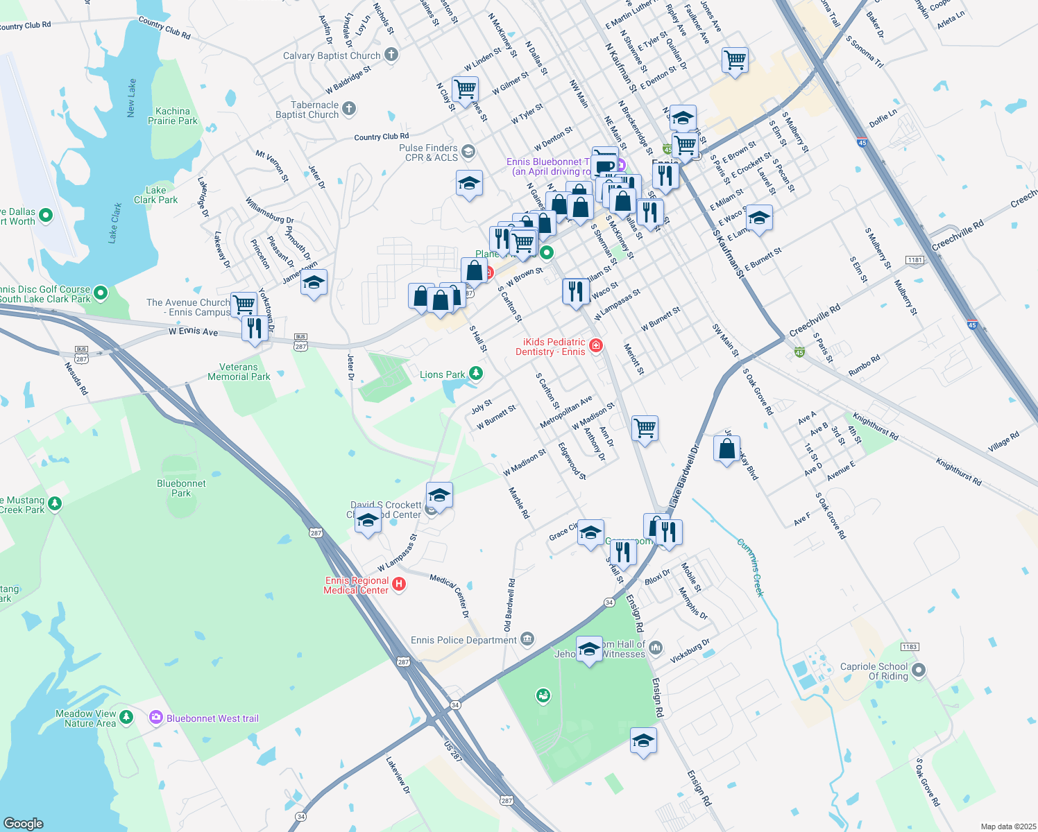 map of restaurants, bars, coffee shops, grocery stores, and more near 803 S Hall St in Ennis
