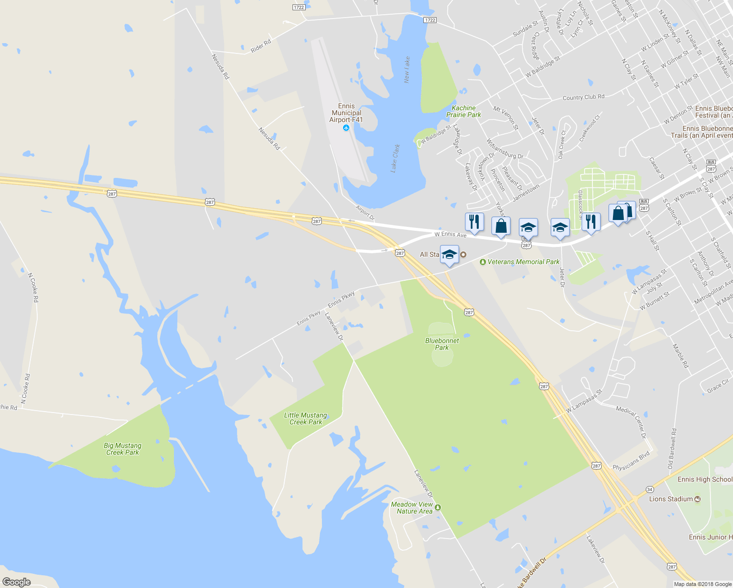 map of restaurants, bars, coffee shops, grocery stores, and more near 3401 Ennis Parkway in Ennis