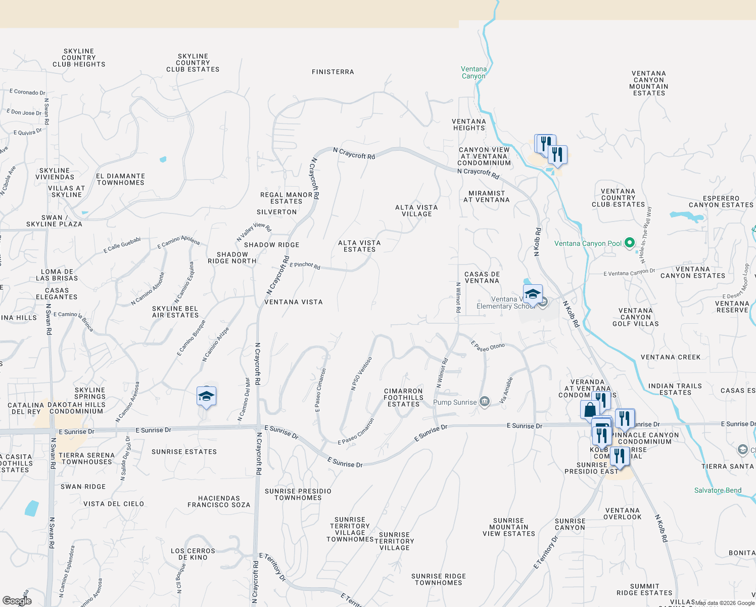 map of restaurants, bars, coffee shops, grocery stores, and more near 6080 North Paseo Valdear in Tucson