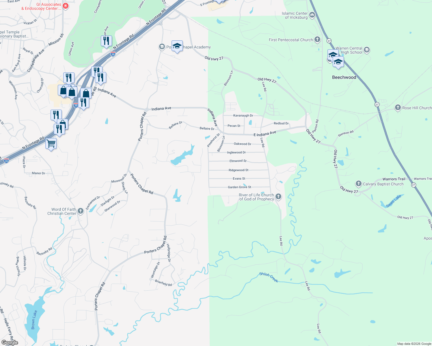 map of restaurants, bars, coffee shops, grocery stores, and more near 404 Ridgewood St in Vicksburg
