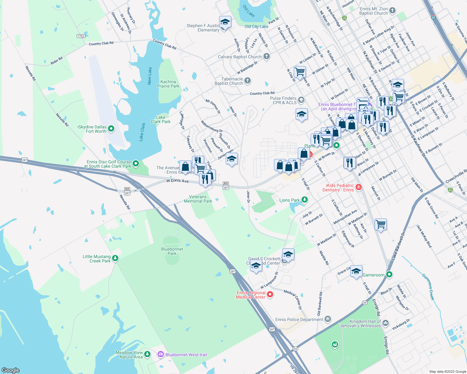 map of restaurants, bars, coffee shops, grocery stores, and more near 2104 W Ennis Ave in Ennis