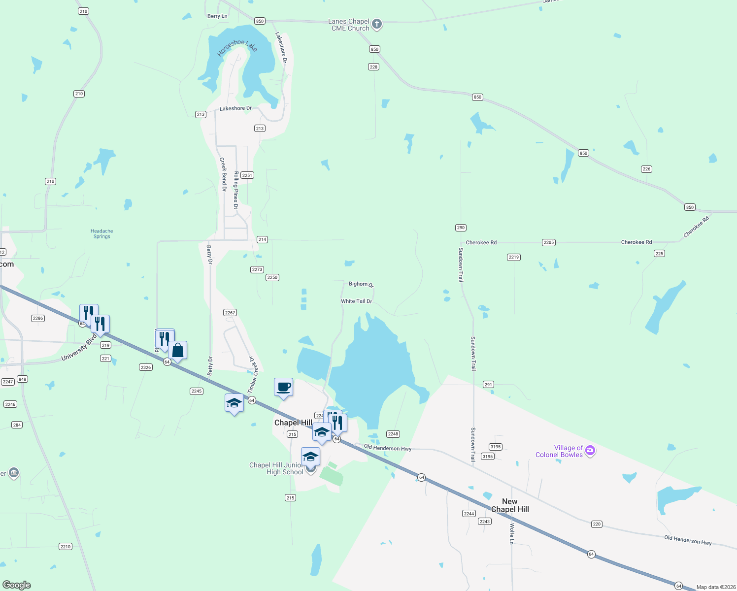 map of restaurants, bars, coffee shops, grocery stores, and more near 13460 White Tail Drive in Tyler