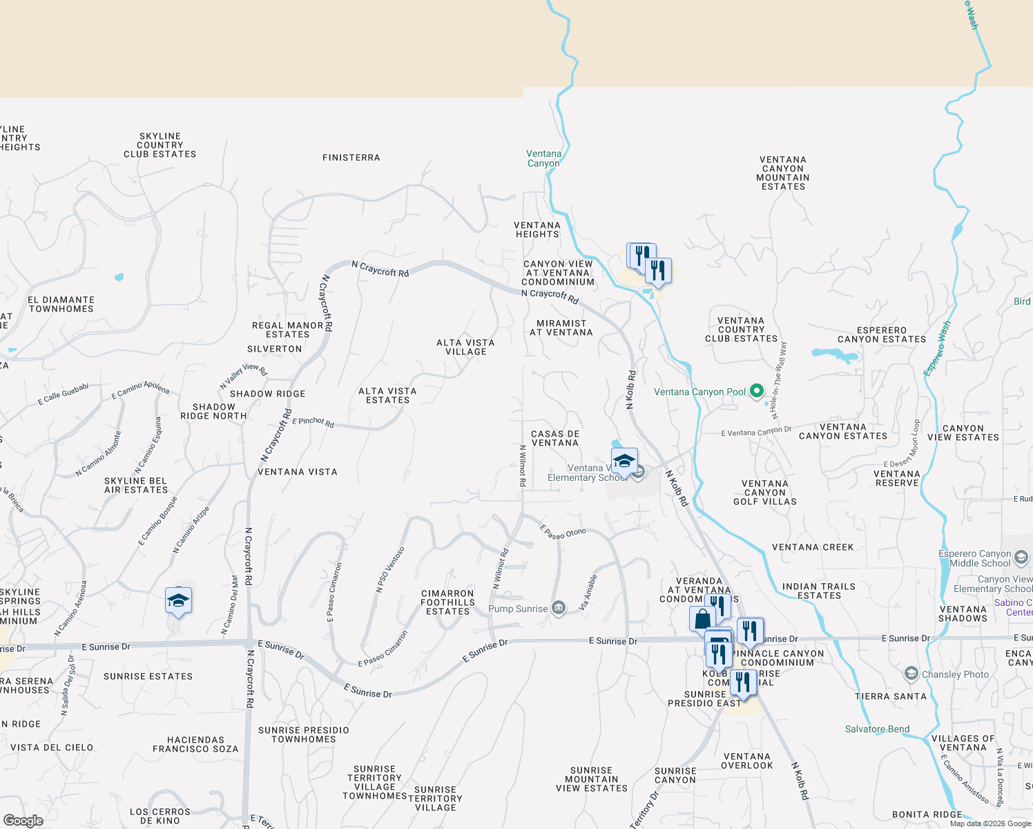 map of restaurants, bars, coffee shops, grocery stores, and more near 6255 North Wilmot Road in Tucson