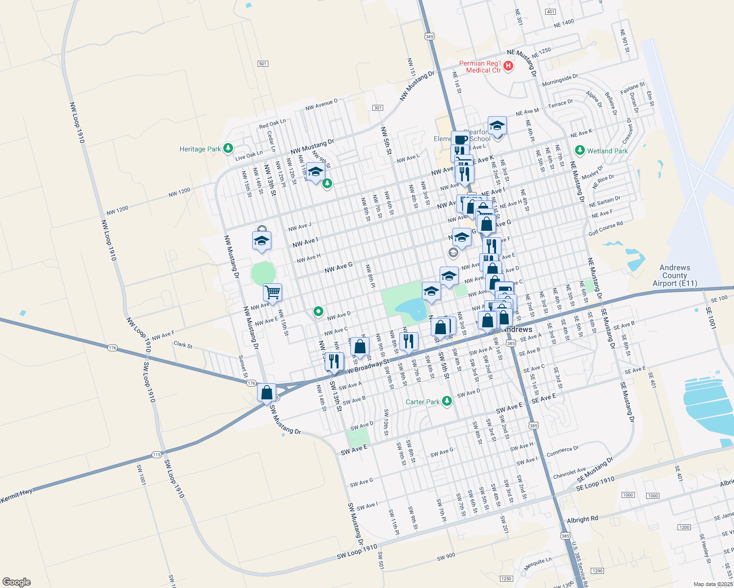 map of restaurants, bars, coffee shops, grocery stores, and more near NW Ave East in Andrews