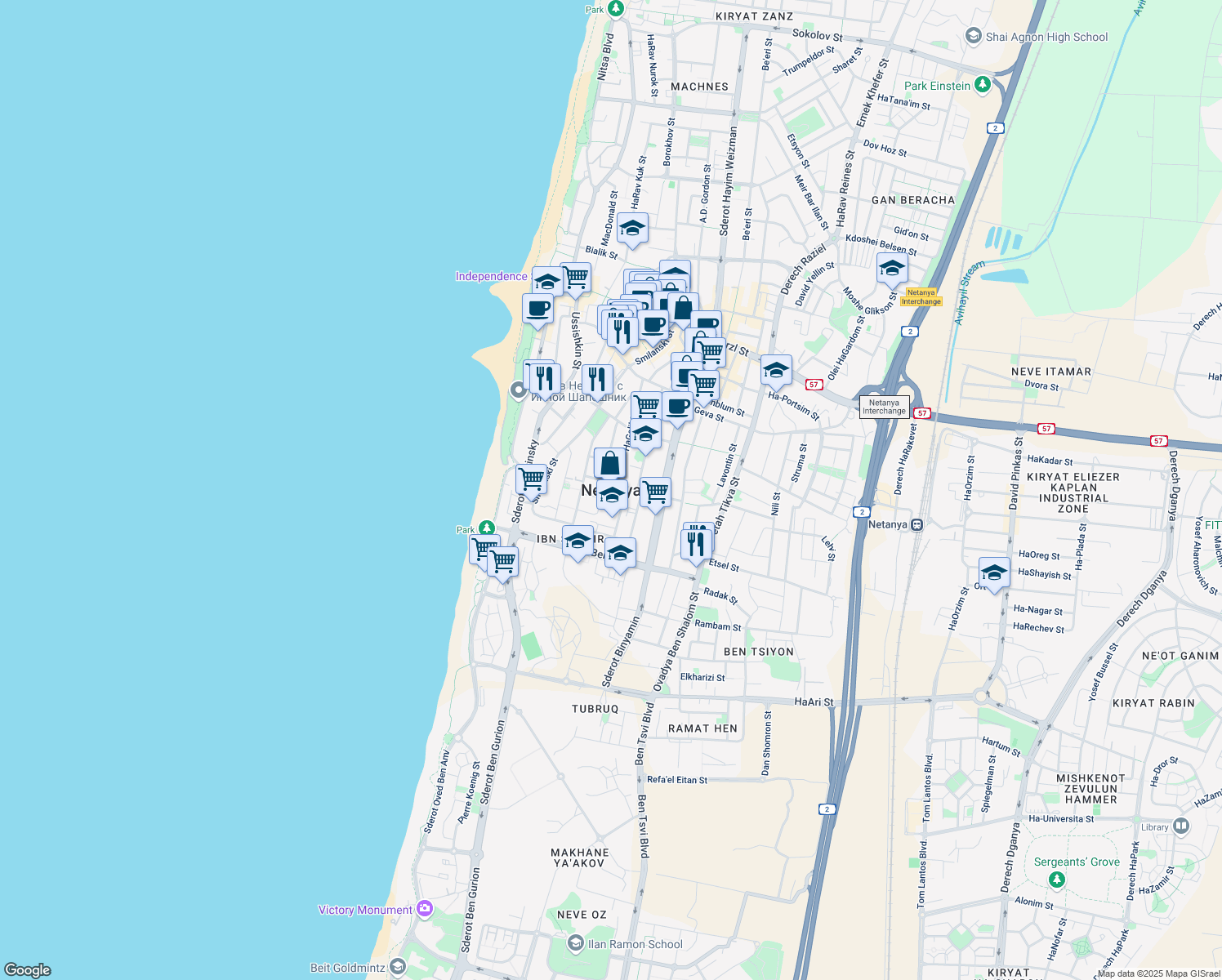 map of restaurants, bars, coffee shops, grocery stores, and more near in Netanya