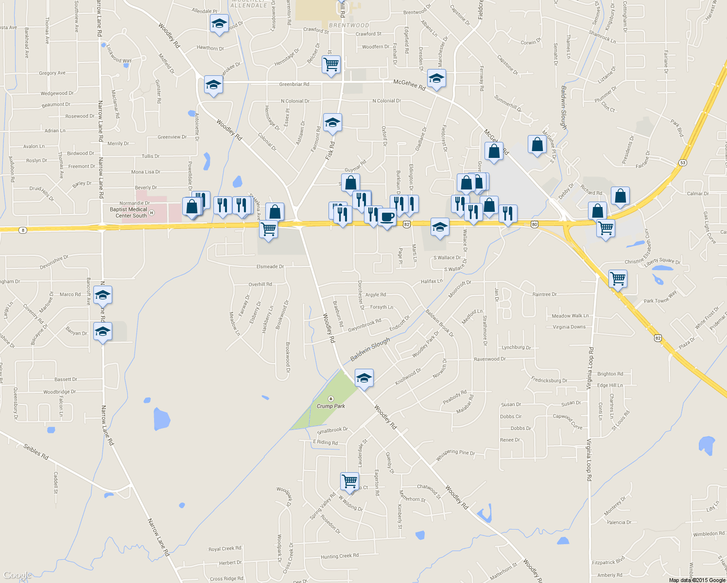 map of restaurants, bars, coffee shops, grocery stores, and more near 3107 Dorchester Drive in Montgomery
