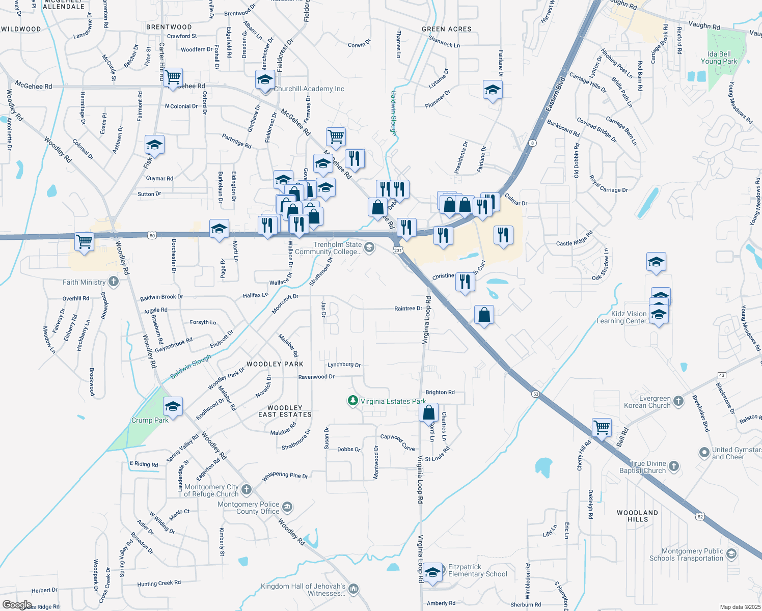 map of restaurants, bars, coffee shops, grocery stores, and more near 3217 Raintree Drive in Montgomery