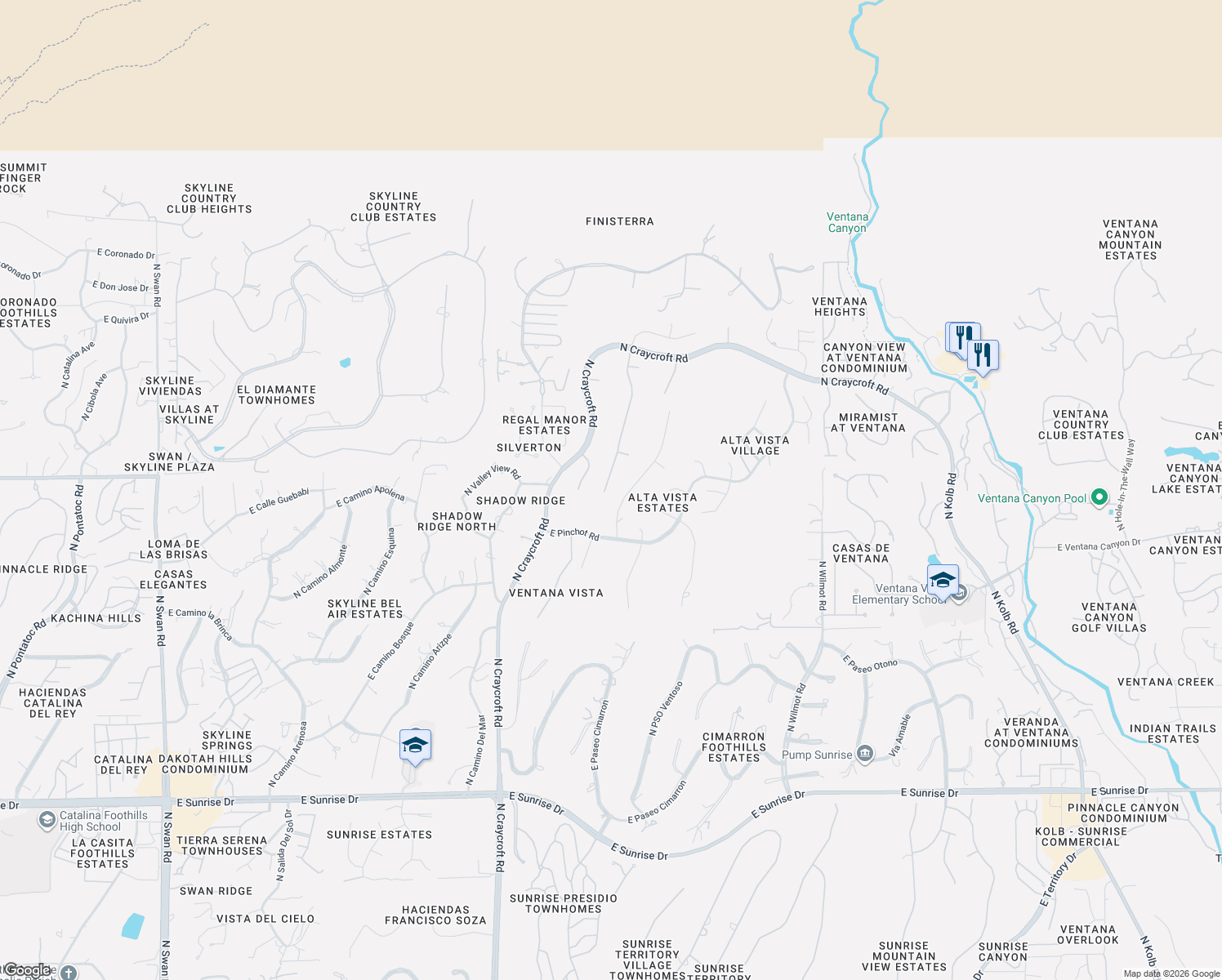 map of restaurants, bars, coffee shops, grocery stores, and more near 6340 North Placita Alta Reposa in Tucson