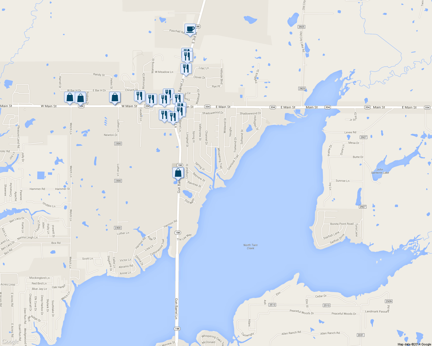 map of restaurants, bars, coffee shops, grocery stores, and more near 105 Whispering Point Drive in Gun Barrel City
