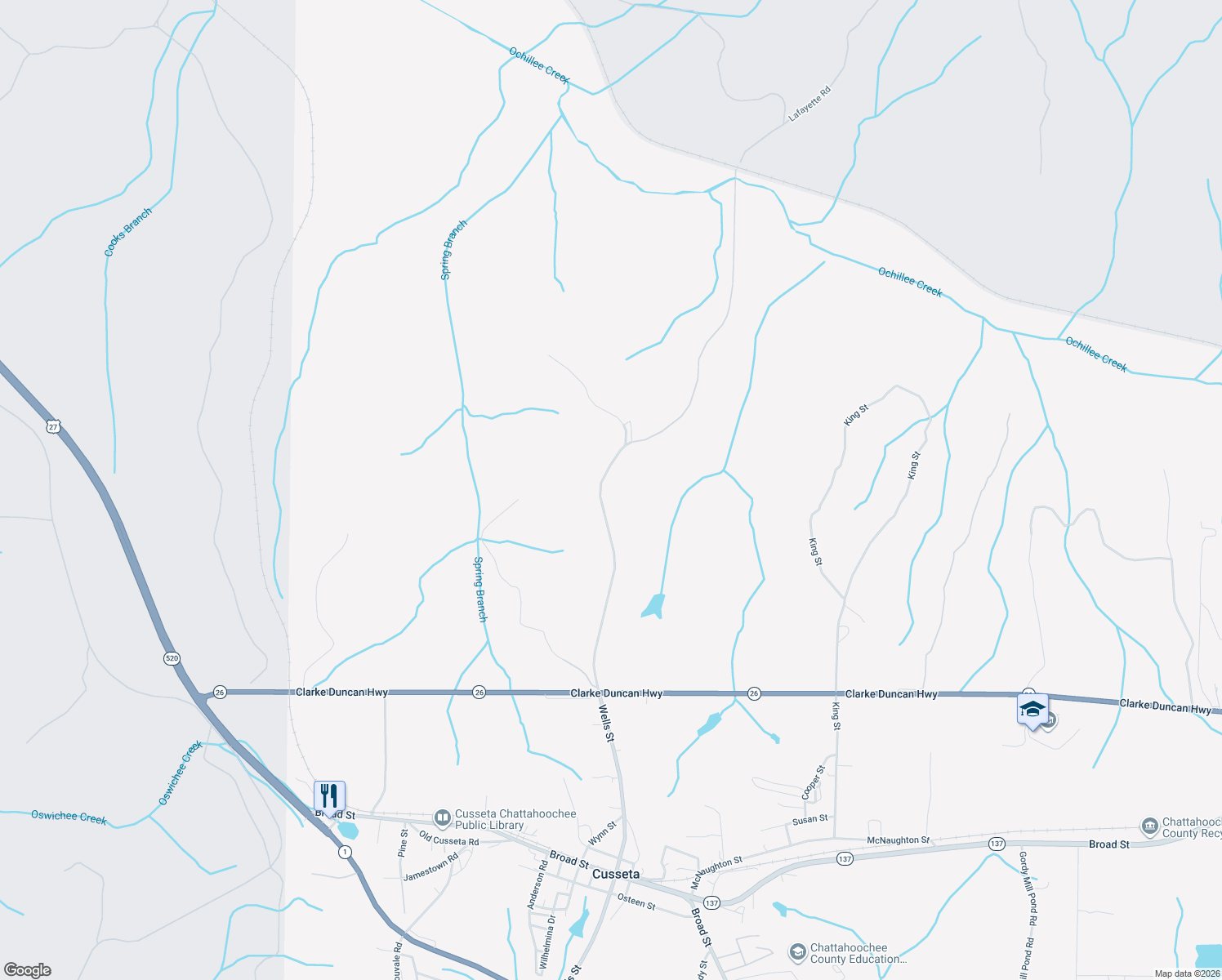 map of restaurants, bars, coffee shops, grocery stores, and more near Lafayette Road in Cusseta
