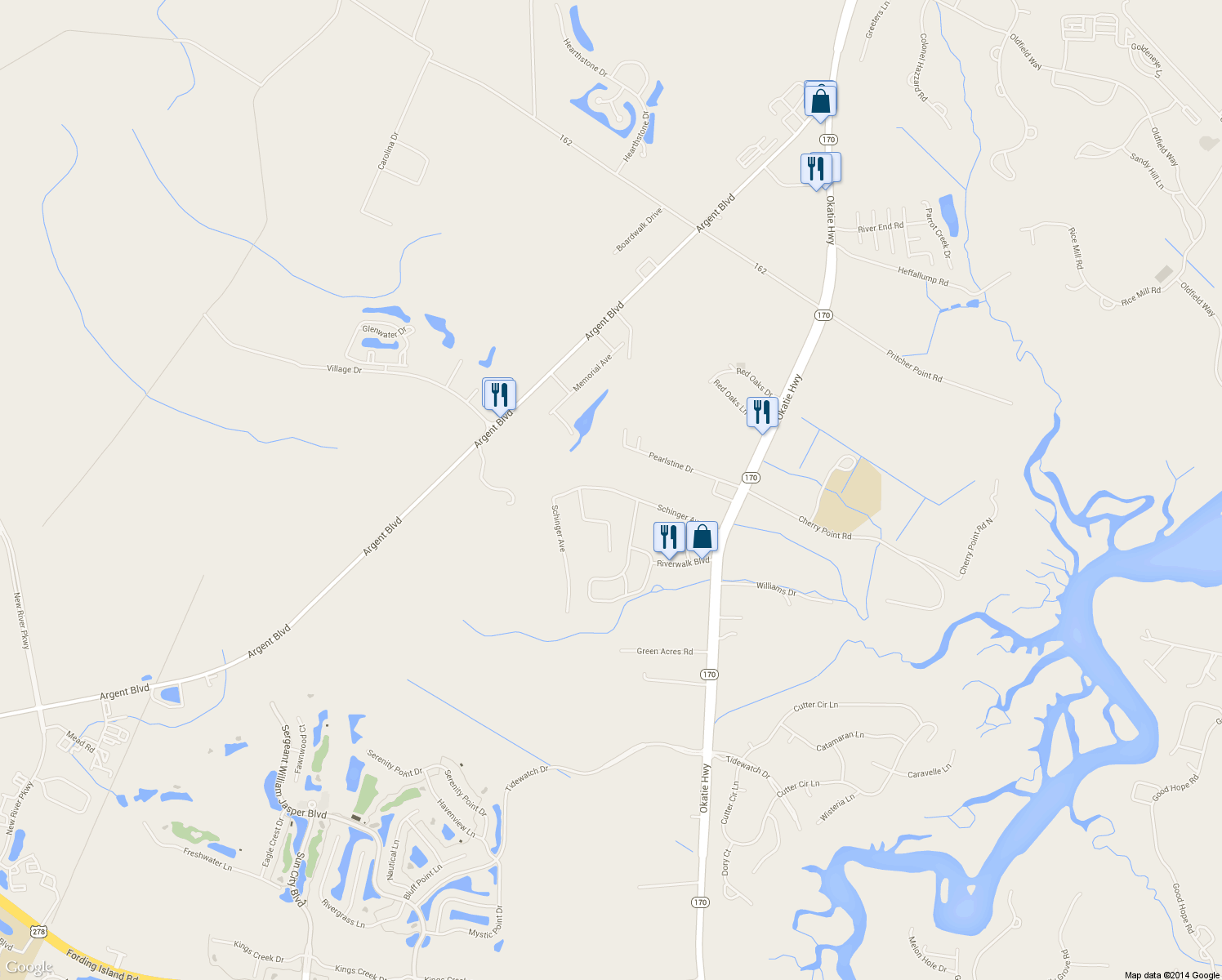 map of restaurants, bars, coffee shops, grocery stores, and more near Schinger Avenue in Ridgeland