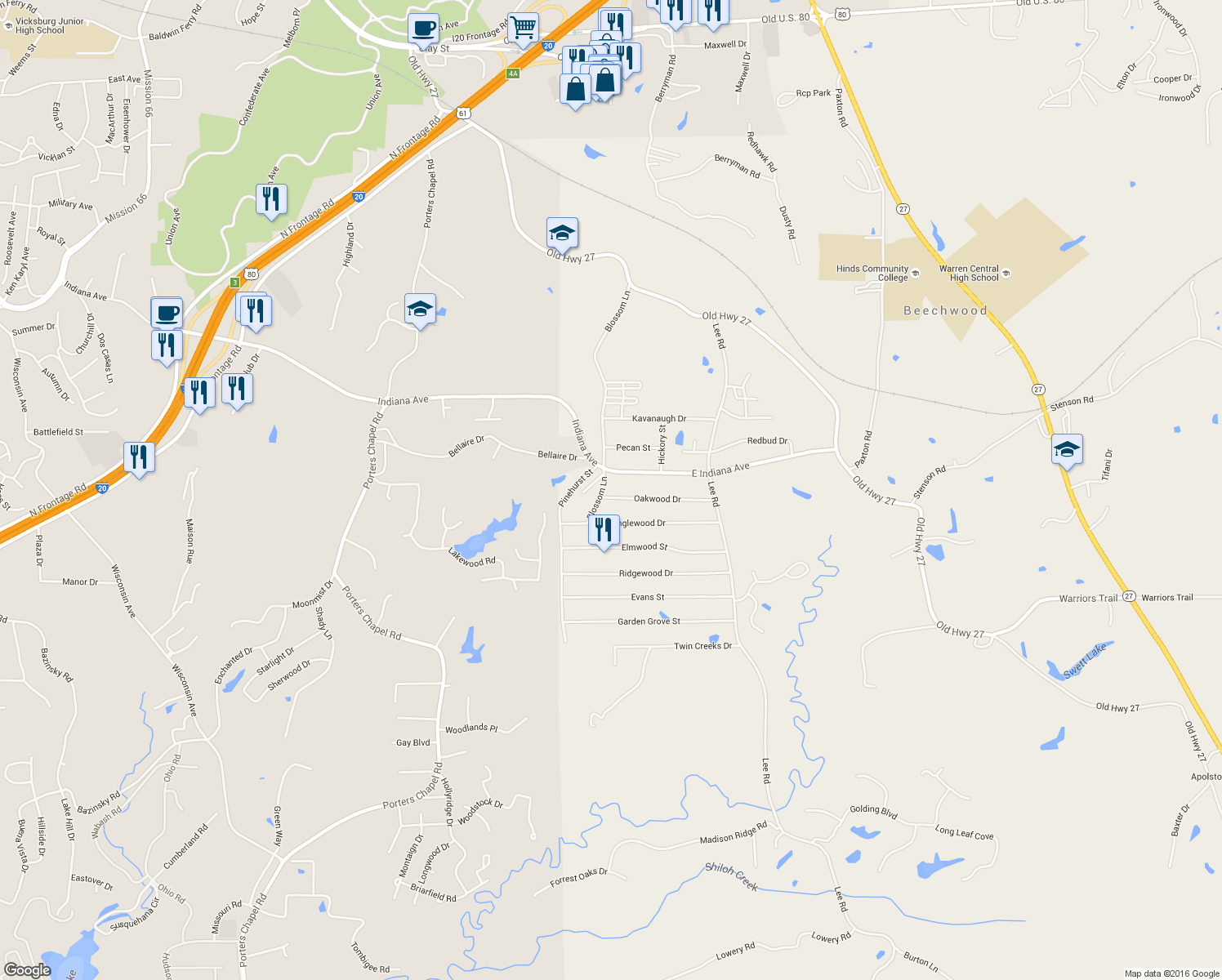 map of restaurants, bars, coffee shops, grocery stores, and more near 503 Oakwood Dr in Vicksburg