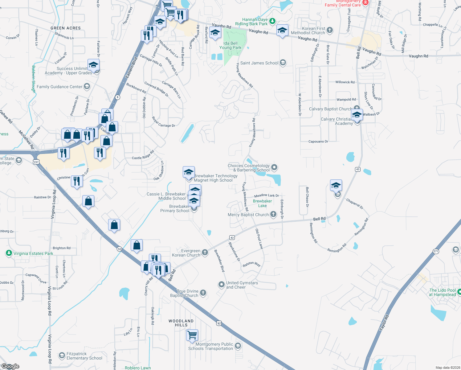 map of restaurants, bars, coffee shops, grocery stores, and more near 4149 Chesire Drive in Montgomery