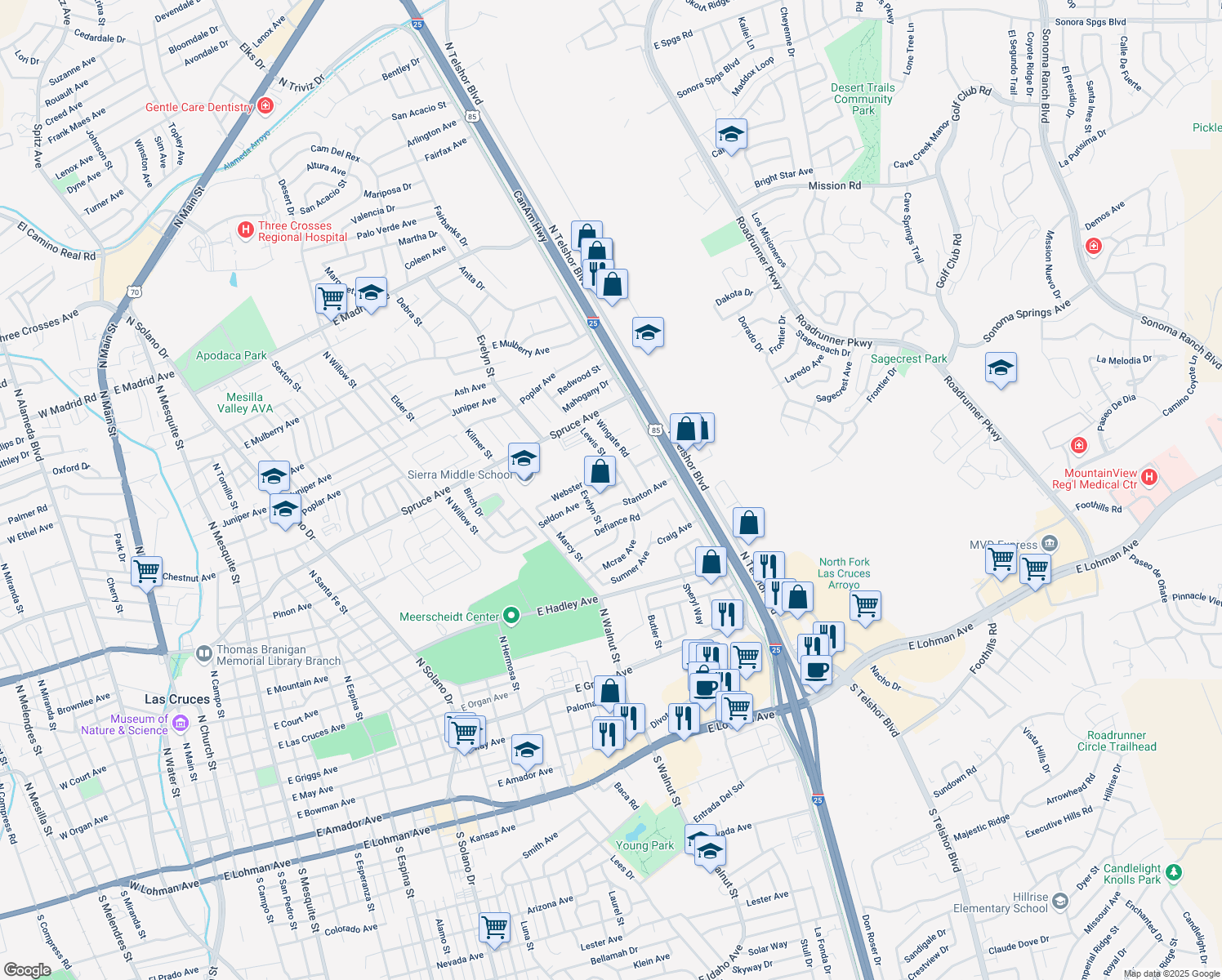 map of restaurants, bars, coffee shops, grocery stores, and more near 1874 Seldon Avenue in Las Cruces