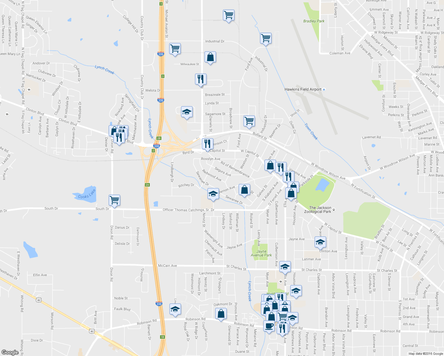 map of restaurants, bars, coffee shops, grocery stores, and more near 246 Redwood Avenue in Jackson