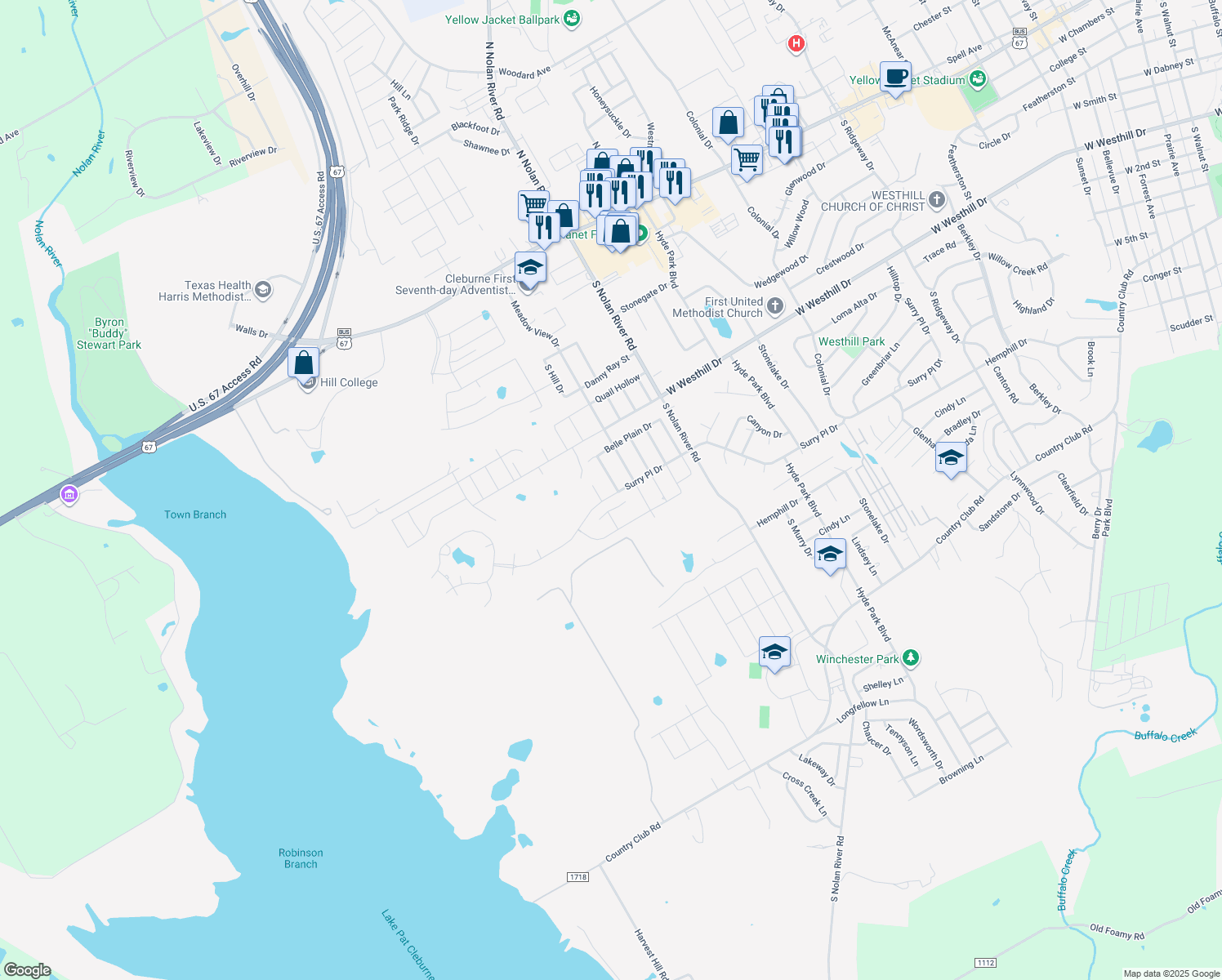map of restaurants, bars, coffee shops, grocery stores, and more near 816 Sugar Hill Avenue in Cleburne